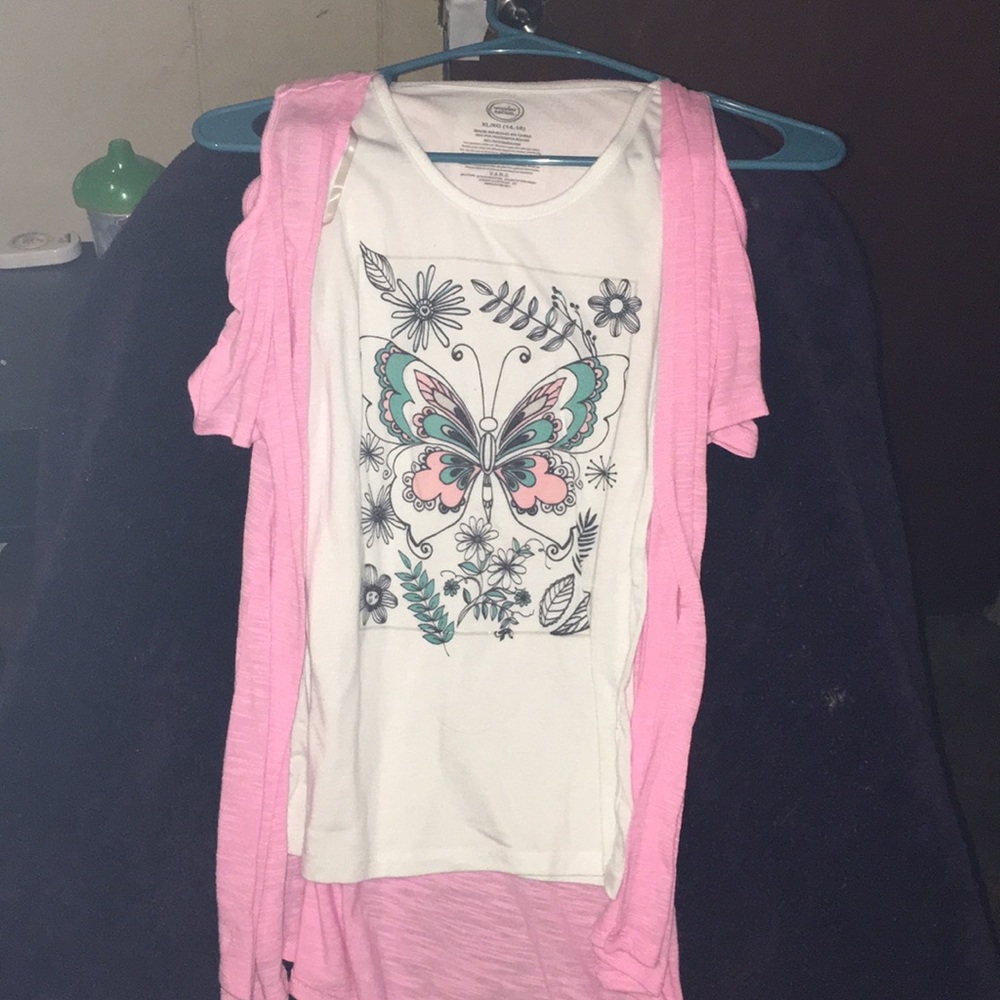 pink and white butterfly shirt